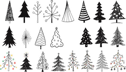 Obraz premium Diverse Hand Drawn Christmas Trees in a Simple Pattern with Festive Decorations and Abstract Styles