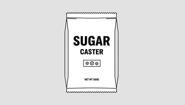 Minimalist black and white outline illustration of a bag of caster sugar displaying weight and branding.