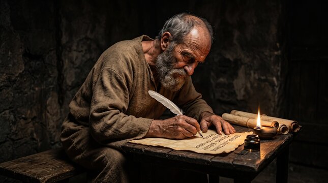 Divine ink in the shadows: The elderly Apostle Paul intensely drafting his sacred New Testament epistles by the dim light of an oil lamp in a cold Roman prison cell