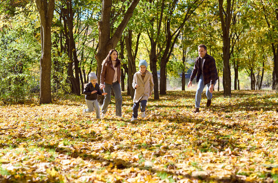 Family with children running together in autumn. Parents, mother and father, cheer kids across a park with golden leaves, enjoying energy, fresh air and weekend fun. Active family joy and unity.