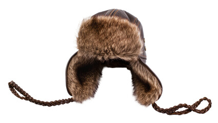 Obraz premium Brown leather trapper hat with fur trim and braided ties, isolated on transparent background