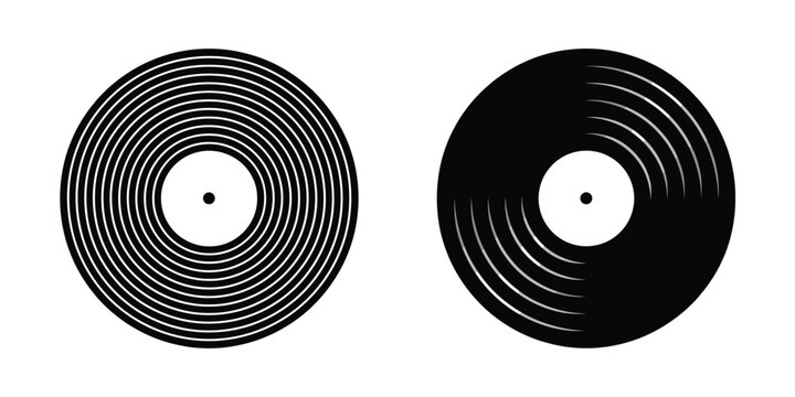 Two black vinyl record one with concentric line patterns and one with light reflections on the grooves, isolated on a white background