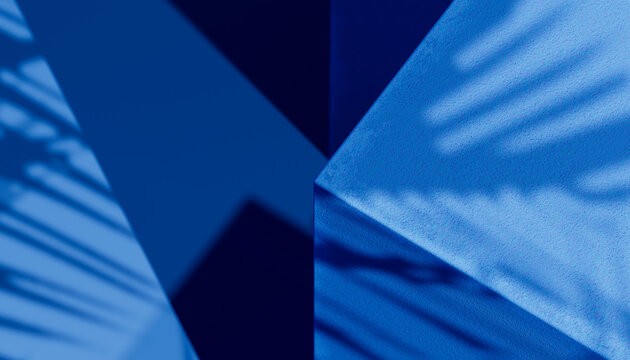 Abstract blue geometric architecture with leaf shadow pattern