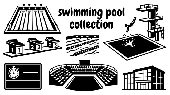 collection of professional swimming facilities featuring olympic pools diving pools starting blocks lap lanes timing systems spectator seating and aquatic sports venues arranged as a premium