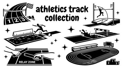 athletics tracks featuring running lanes steeplechase areas relay zones long jump pits pole vault facilities and championship competition venues black arranged as a commercial vector illustration set © Ethan