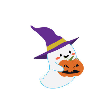 Cute Kawaii Halloween Ghost with Witch Hat and Pumpkin Illustration