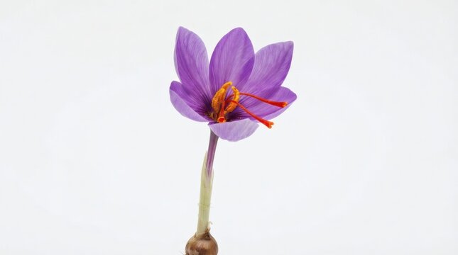Saffron crocus flower with purple petals and red stigmas isolated on white background