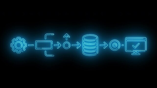 Neon-lit flowchart diagram on a black background with glowing blue icons.