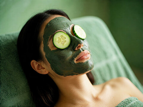 Woman with green facial mask and cucumber slices on eyes