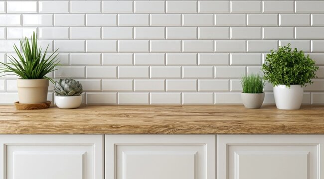Kitchen counter with clean subway tile backsplash and natural light