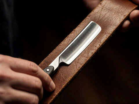 Chef holding sharp professional kitchen knife in leather sheath