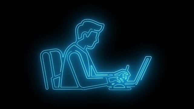 Neon blue line art of a man working on a laptop computer against a black background with a blue glow.