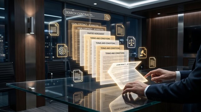 Legal professional using ai contract analysis tool on digital touchscreen in modern office.