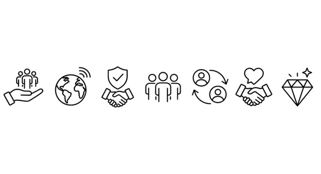 Corporate social responsibility community diversity global partnership trust and moral value line illustrations bundle designed as vector images set.