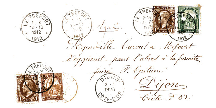 Antique french postage envelope with vintage stamps and postmarks from 1912