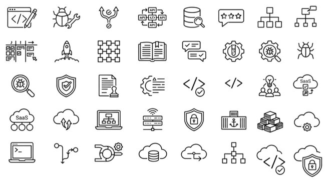 Minimalist line style vector images set representing software engineering DevOps processes cloud computing application programming interfaces database storage server systems & modern agile development
