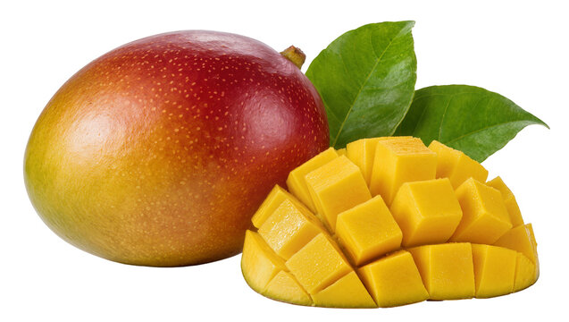 Ripe red and yellow mango with diced cubes and green leaves, isolated on transparent background