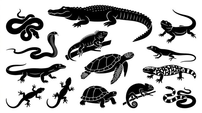 Title:
Reptile Silhouette Collection &ndash; Snakes, Crocodile, Turtles, Lizards, Iguana, Chameleon and Gecko Vector Set