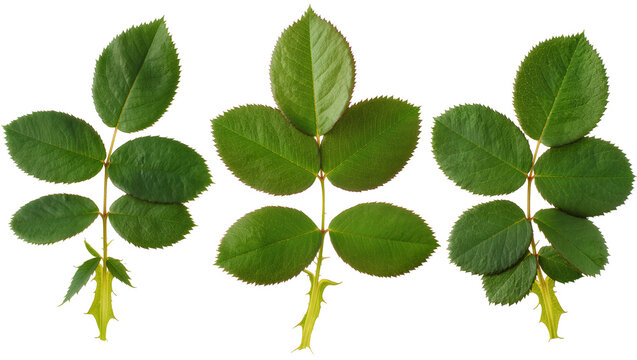 Three green rose leaves with serrated edges and thorns, isolated on transparent background