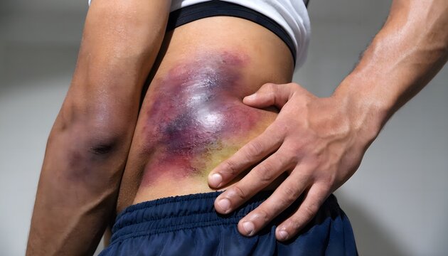 Medical documentation of iliac crest bruising from sports collision. Close-up lateral view of athletic male hip injury and hematoma for clinical diagnosis.