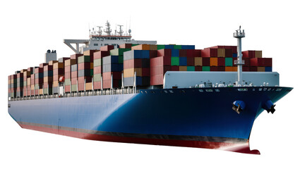 Massive cargo ship loaded with colorful containers, isolated on transparent background © Maria
