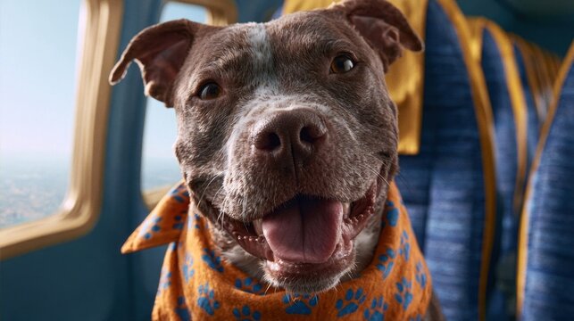 Brown pit bull type dog with white facial markings looking at the camera wearing a blue and orange bandana in an airplane seat