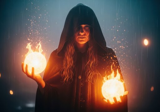 Mysterious robed figure holding glowing magical fire orbs