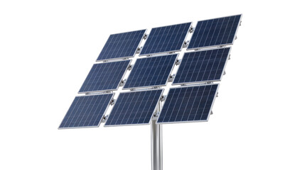 Array of nine blue solar panels on a metal pole, isolated on transparent background © Maria