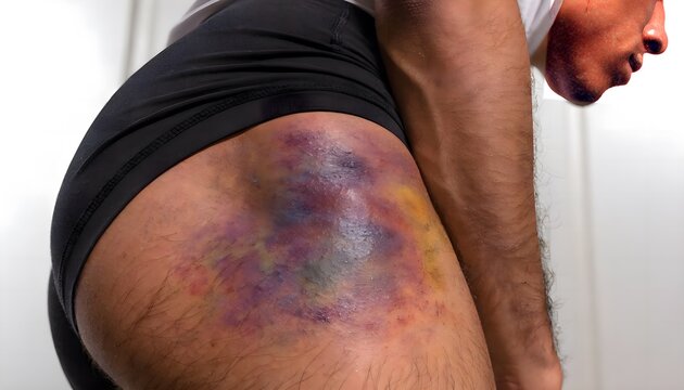 Hip iliac crest bruise showing soft tissue trauma from athletic collision. Medical textbook photo for sports medicine education and injury assessment.