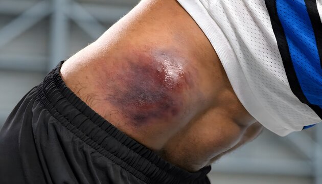 Hip iliac crest bruise showing soft tissue trauma from athletic collision. Medical textbook photo for sports medicine education and injury assessment.