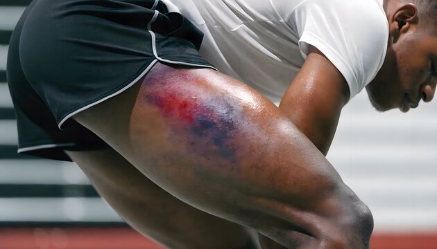 Lateral close-up of pelvic bone area contusion on fit male patient. Clinical style photography of athletic hip bruising, medical reference image.