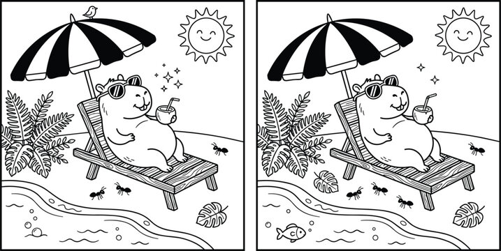 Find the Differences Spot the Difference Activity Page Vector Line Art Featuring Cute Capybara Relaxing on Beach Scenes