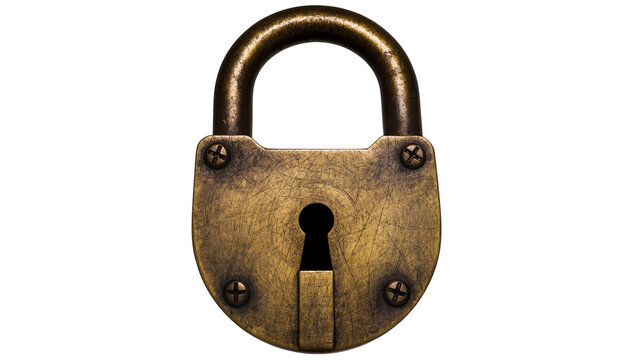 Antique brass padlock with keyhole, isolated on transparent background