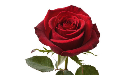 Fototapeta premium Deep red rose with green leaves, isolated on transparent background