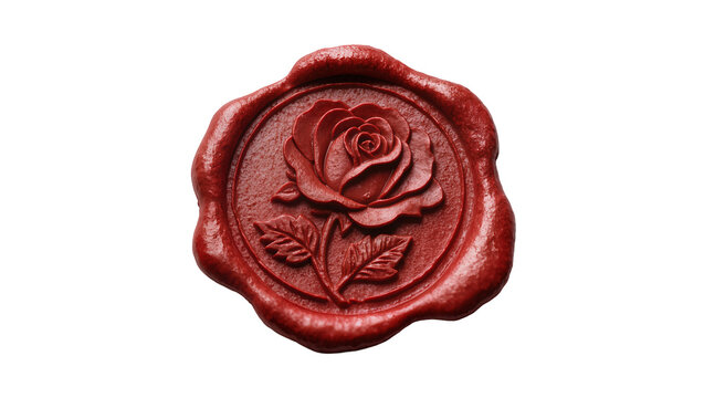 Detailed red wax seal with embossed rose and leaves, isolated on transparent background
