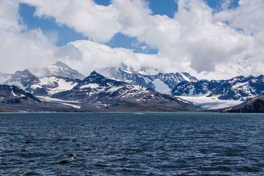 Natural scenery of snow-capped mountains and glaciers in St Andrew's Bay, South Georgia Islands