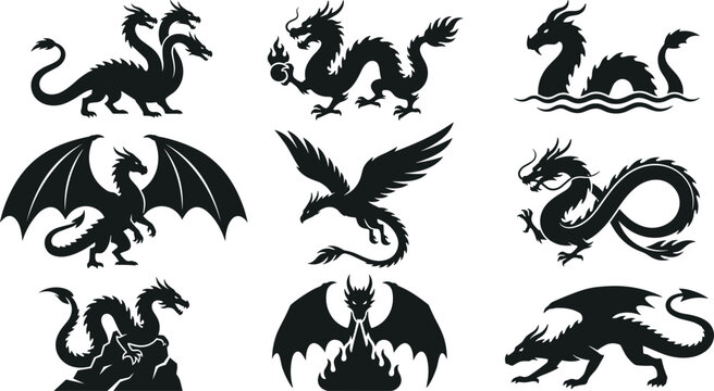 Mythical Dragon Silhouette Vector Set Featuring Three Headed Hydras Flying Serpents and Sea Monsters for Fantasy Graphic Designs