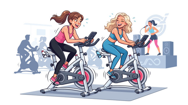 Two women exercising on stationary bikes in indoor spin class studio