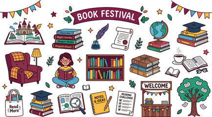 Book festival doodle vector set featuring hand drawn literary elements pop up fairy tale castle reading lists library bookshelves graduation and student education symbols © Rubel