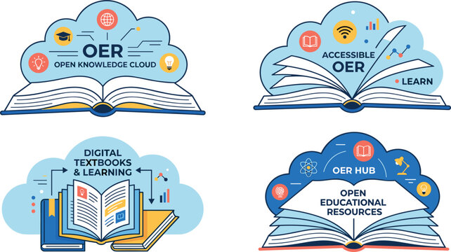 Open educational resources OER vector badges featuring digital textbooks online cloud knowledge base learning platforms accessible studying sharing and university library education concepts