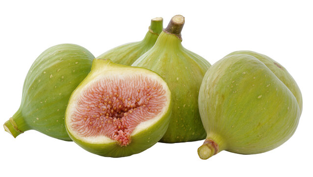 Ripe green figs one cut in half revealing pink flesh and seeds, isolated on transparent background