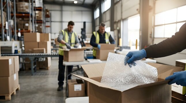 Warehouse workers preparing packages for shipment with protective bubble wrap