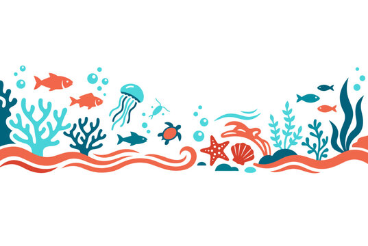 Vibrant underwater seascape border with colorful coral and sea creatures