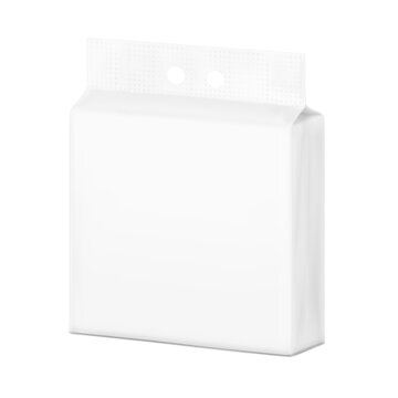 Realistic stand bag with hole handle mockup. Half side view. Vector illustration isolated on white background. Suite for the presentation of diapers, wet wipes, pants, changing mats, pads. EPS10.