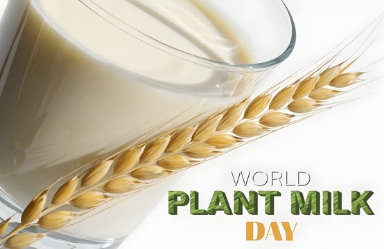 Glass of oat milk with raw cereal grains for world plant milk day, beverage