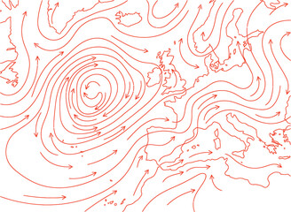 Obraz premium Minimalist Weather Map With Stylized Wind Flow Vector Arrows And Isobar Curves Vector Line Art Slate red Color Isolated On White Background Graphic