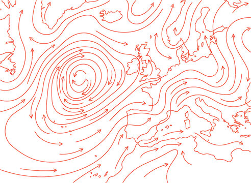Minimalist Weather Map With Stylized Wind Flow Vector Arrows And Isobar Curves Vector Line Art Slate red Color Isolated On White Background Graphic