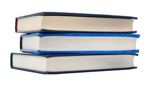 Stack of three hardcover books with blue and cream covers, isolated on transparent background