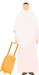 Fototapeta premium Muslim woman in hijab pulling a suitcase, ready for travel. Female traveler with luggage. Flat vector illustration.
