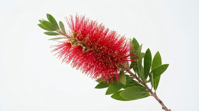Vibrant Red Bottlebrush Flower Stem With Lush Green Foliage Isolated Against A Clean Minimalist White Background For Floral Design Projects